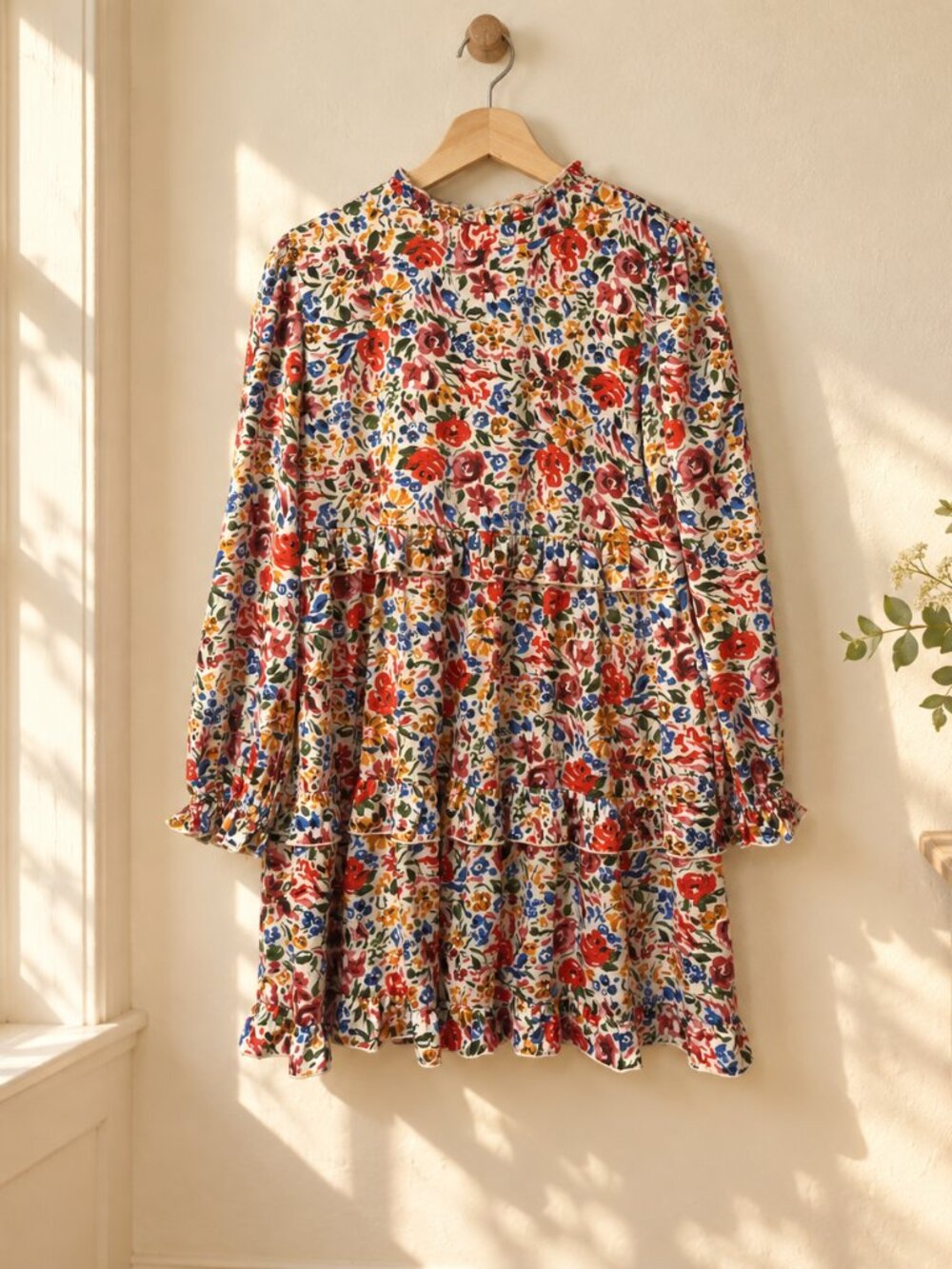 JODIFL Small Cream Floral Tiered Ruffle Long Sleeve Cottagecore Dress